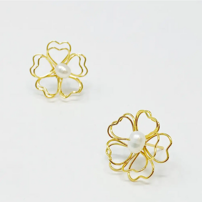 Gold Flower Pearl Earrings Heart Petals featuring freshwater pearls and floral design