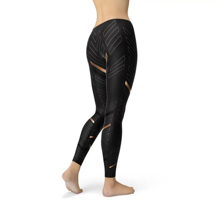 Gold Geo Black Leggings USA featuring stylish geometric design in women’s sports stripes