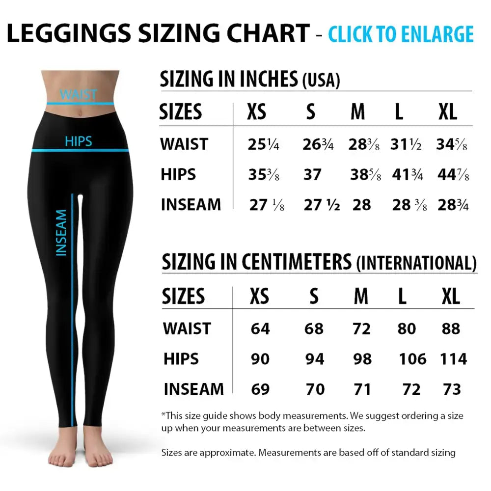 Leggings sizing chart for Gold Geo Black Leggings USA, perfect for womens sports stripes