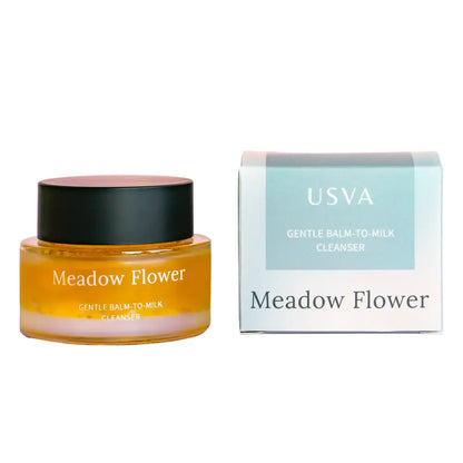 Golden Meadow Flower Gentle Balm-to-Milk cleanser and eco-friendly packaging display