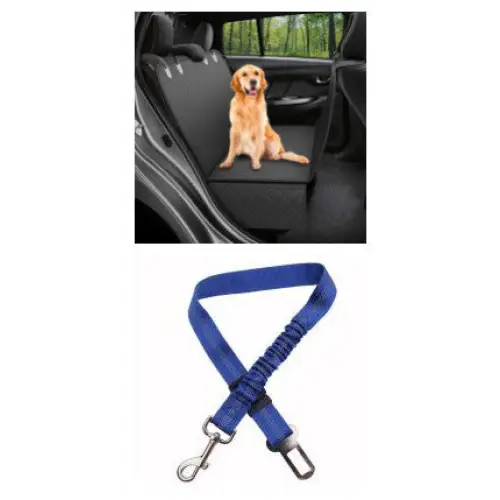 Golden Retriever Dog Car Seat Hammock - A black with blue leash