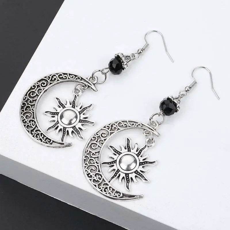 Gothic Dark Style Moon Sun Pentagram Dangle Earrings - Estalios