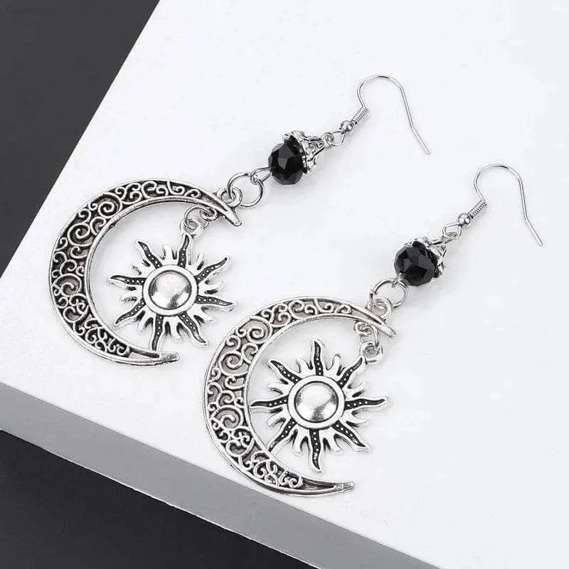 Gothic Dark Style Moon Sun Pentagram Dangle Earrings - Estalios