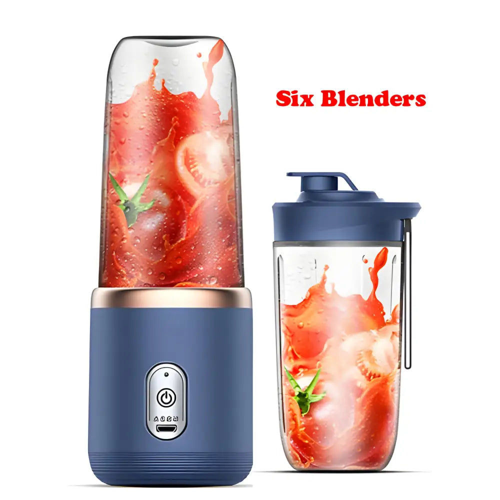 Two blue portable juice blenders with smoothies, perfect for on-the-go healthy drinks