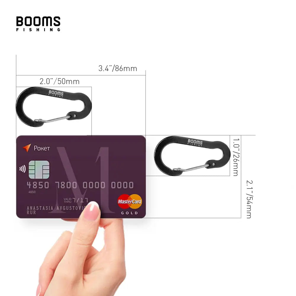 Two black Grab Booms Fishing CC1 Carabiner Keychain clips with size details