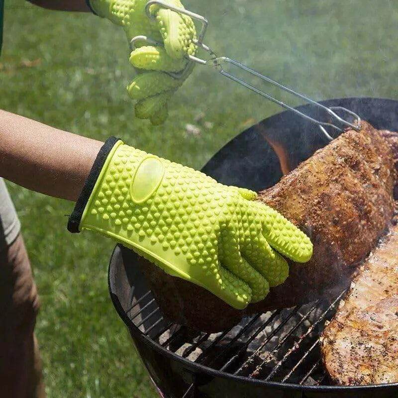 Lime green grilling gloves.