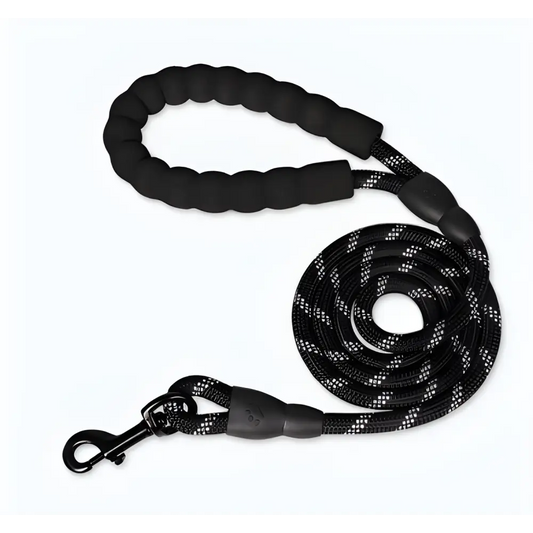 Black and gray reflective dog leash with padded handle for comfy pet walks