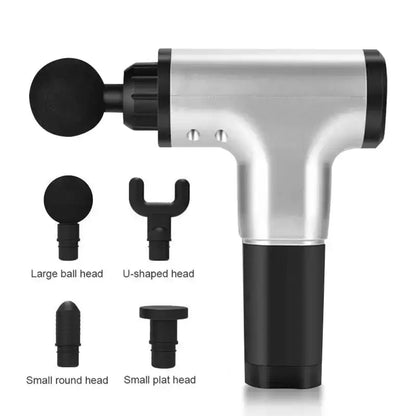 Silver and black massage gun tissue with interchangeable heads for muscle relief