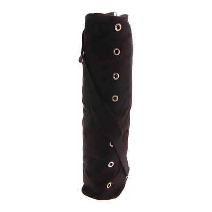 Rolled black fabric wrap with grommets for the Grab This Hot Yoga Mat Bag