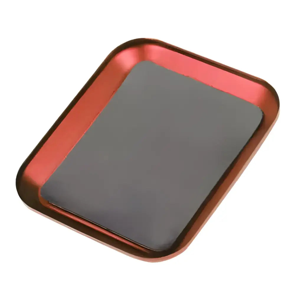 Red and gray metal tray from Grab Your Aluminum Magnetic Screw Tray for easy repairs