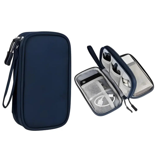 Navy blue zippered organizer cases in a portable travel digital storage bag organizer