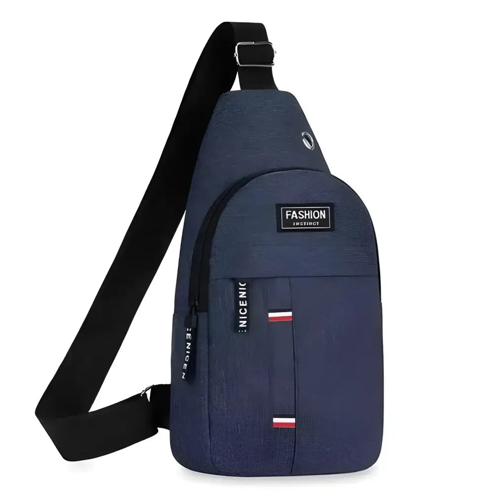 Blue shoulder crossbody bag with black strap, perfect for a stylish chest bag men’s look