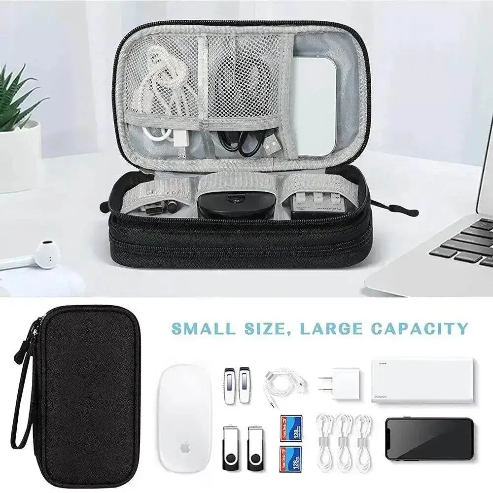 Black tech travel organizer for easy bag cable storage on the go. Perfect travel organizer bag