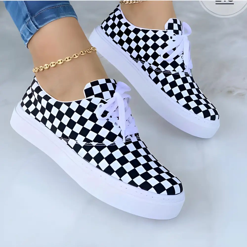 Checkerboard pattern Graffiti Women Sneakers, perfect funky canvas kicks for stylish women