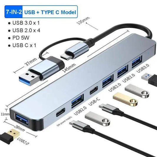 Gray and Silver USB-C Hub with Expandable Connections - Estalios