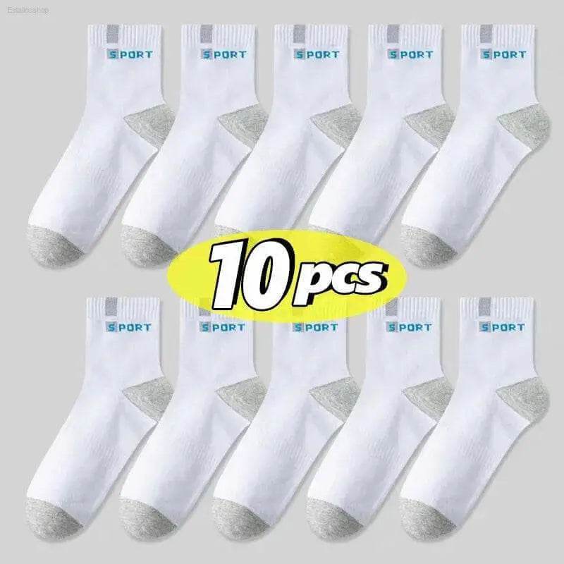 Ten pairs of white sport socks.