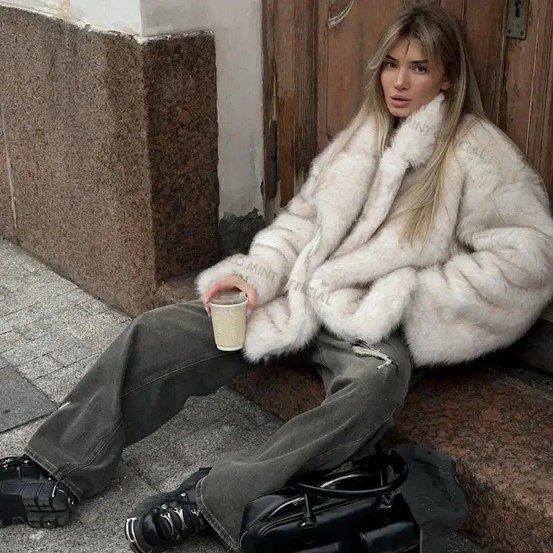 Woman rocking a fluffy white coat from the Gray Gradient Coat Glam collection