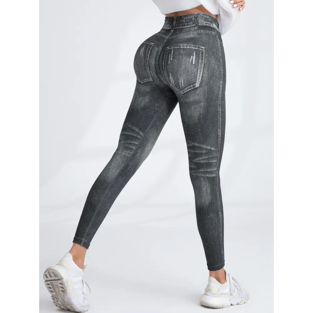 Gray denim-print leggings perfect for yoga and workouts, stylish printed jean leggings