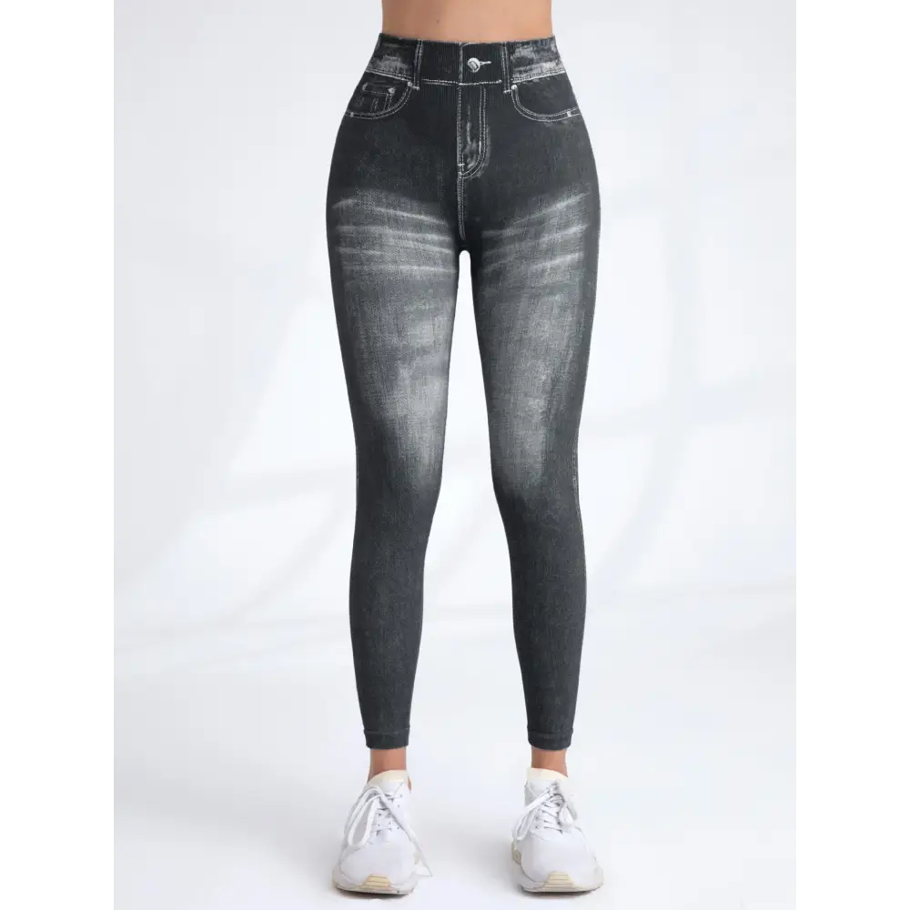 Gray denim-print leggings perfect for yoga and workouts, featuring dry elastic comfort