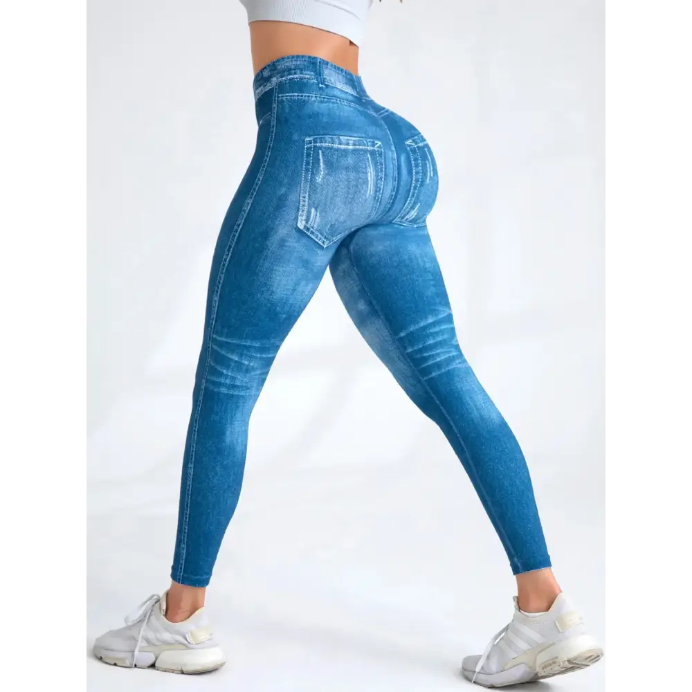 Blue denim-print leggings perfect for yoga and workouts in Gray Jean Leggings Rock