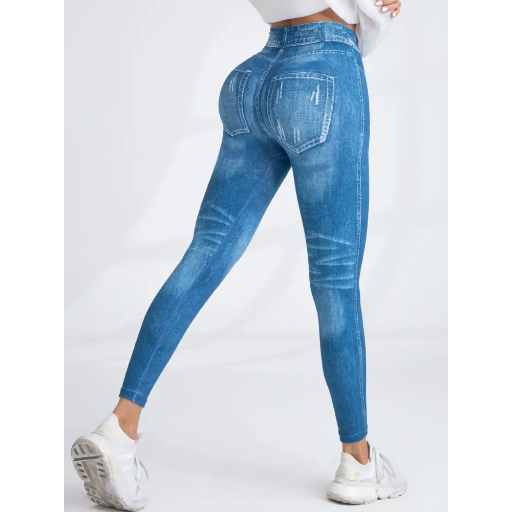 Blue denim-print leggings perfect for yoga, workouts, and casual style with dry elastic