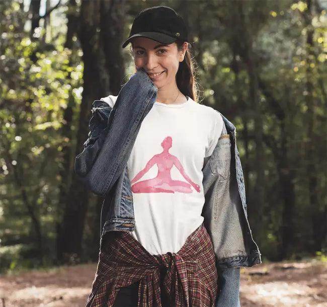 Gray Meditation Pose Tee with Pink Yoga Graphic for Women - Estalios