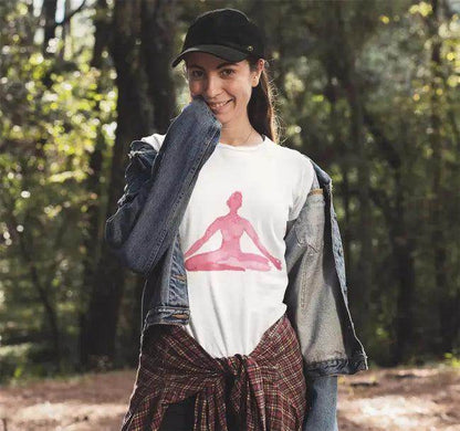 Gray Meditation Pose Tee with Pink Yoga Graphic for Women - Estalios