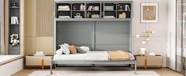 Gray Murphy Bed with Upper Cabinets for Space Saving - Estalios