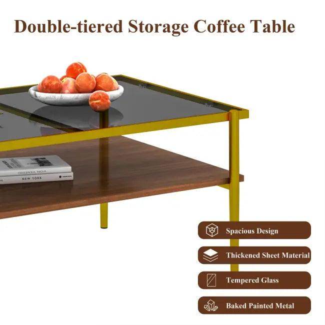 Bold Yellow & Gray Glass Coffee Table with Storage - Estalios