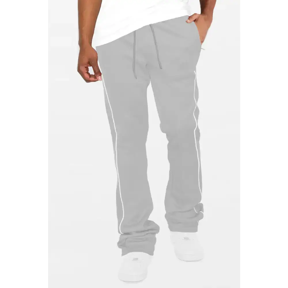 Gray Stacked Flare Track Pants with a white stripe for a stylish, comfy look