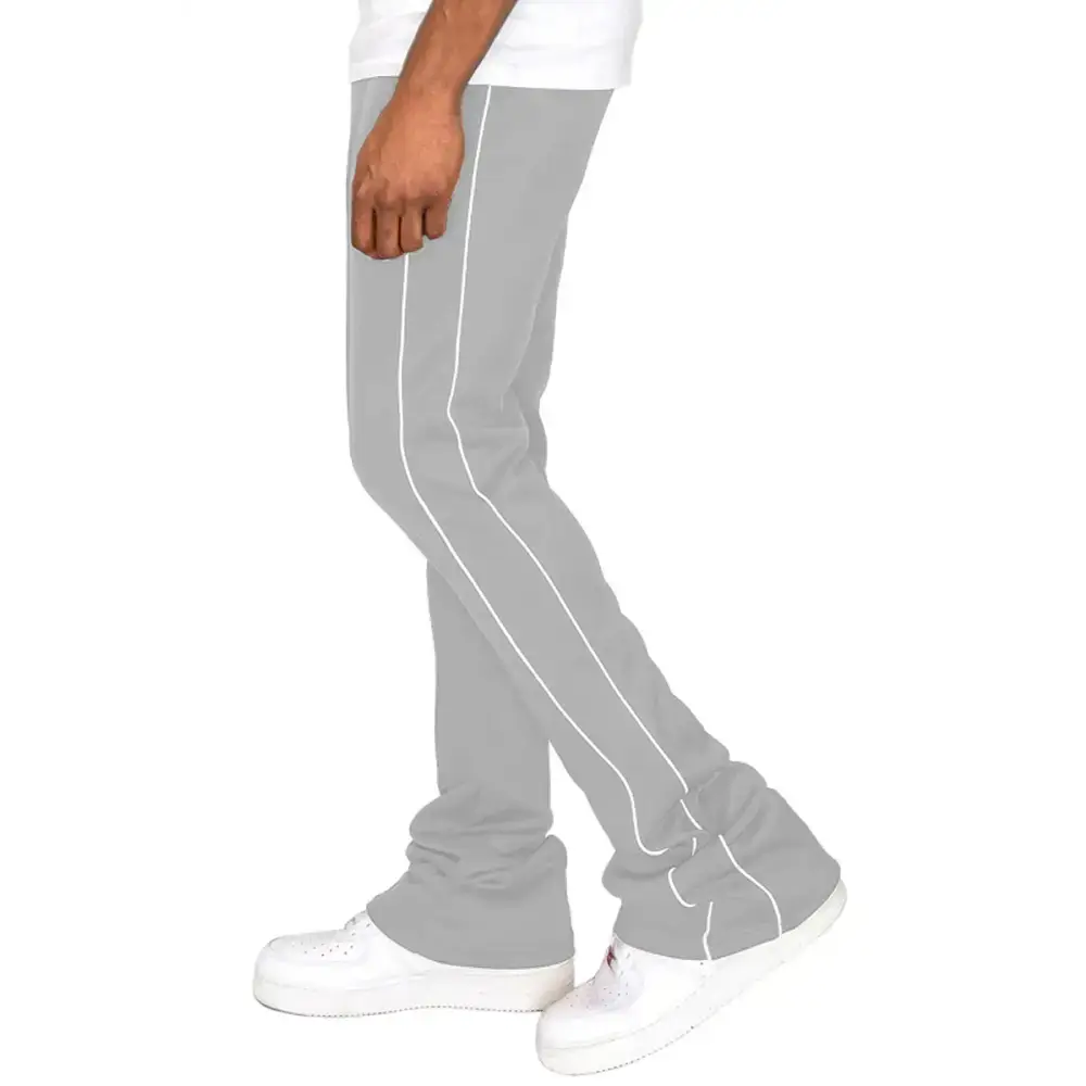 Gray Stacked Flare Track Pants with white stripes for a stylish, comfy look