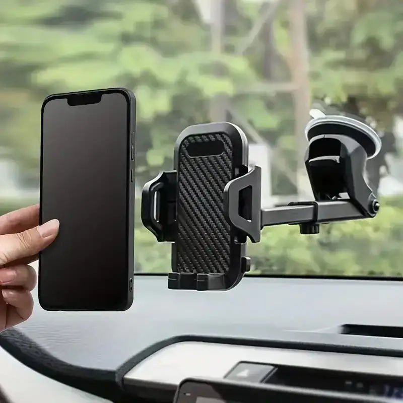 Black GripTight Carbon Fiber Car Phone Holder Mount with suction cup for dashboard use