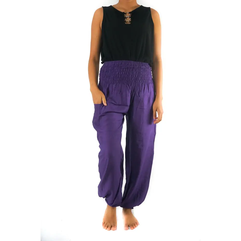 Trendy Groovy Purple Harem Pants for Women with pockets, perfect for a boho vibe