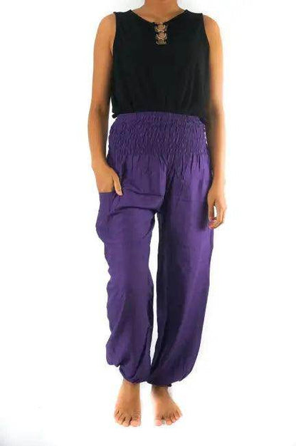 Vibrant Purple Harem Pants with Smocked Waistband and Handy Pockets - Estalios