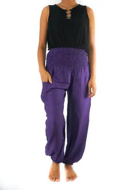 Vibrant Purple Harem Pants with Smocked Waistband and Handy Pockets - Estalios