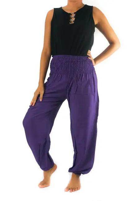 Vibrant Purple Harem Pants with Smocked Waistband and Handy Pockets - Estalios