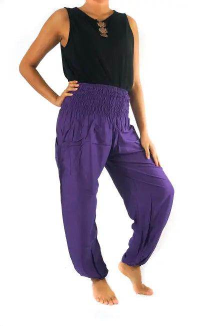 Vibrant Purple Harem Pants with Smocked Waistband and Handy Pockets - Estalios