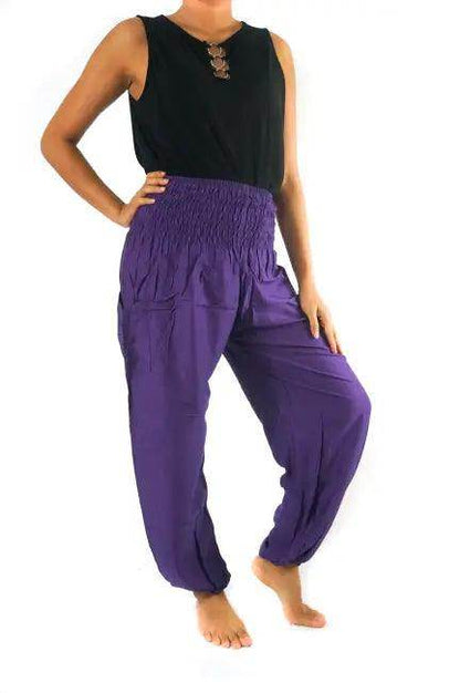 Vibrant Purple Harem Pants with Smocked Waistband and Handy Pockets - Estalios