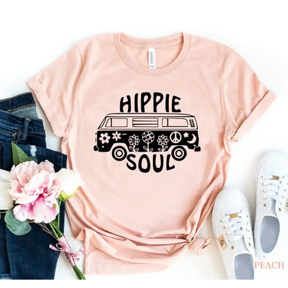 Peach t-shirt with a hippie van design in Deep Heather Dusty Blue style