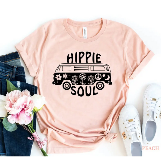 Peach t-shirt with Hippie Soul van graphic in Deep Heather Dusty Blue style