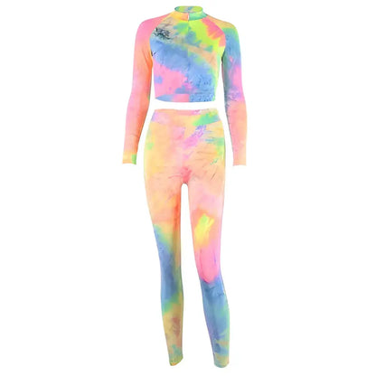 Groovy Tie-Dye Two Piece Suit Jumpsuits featuring a long-sleeved crop top and leggings