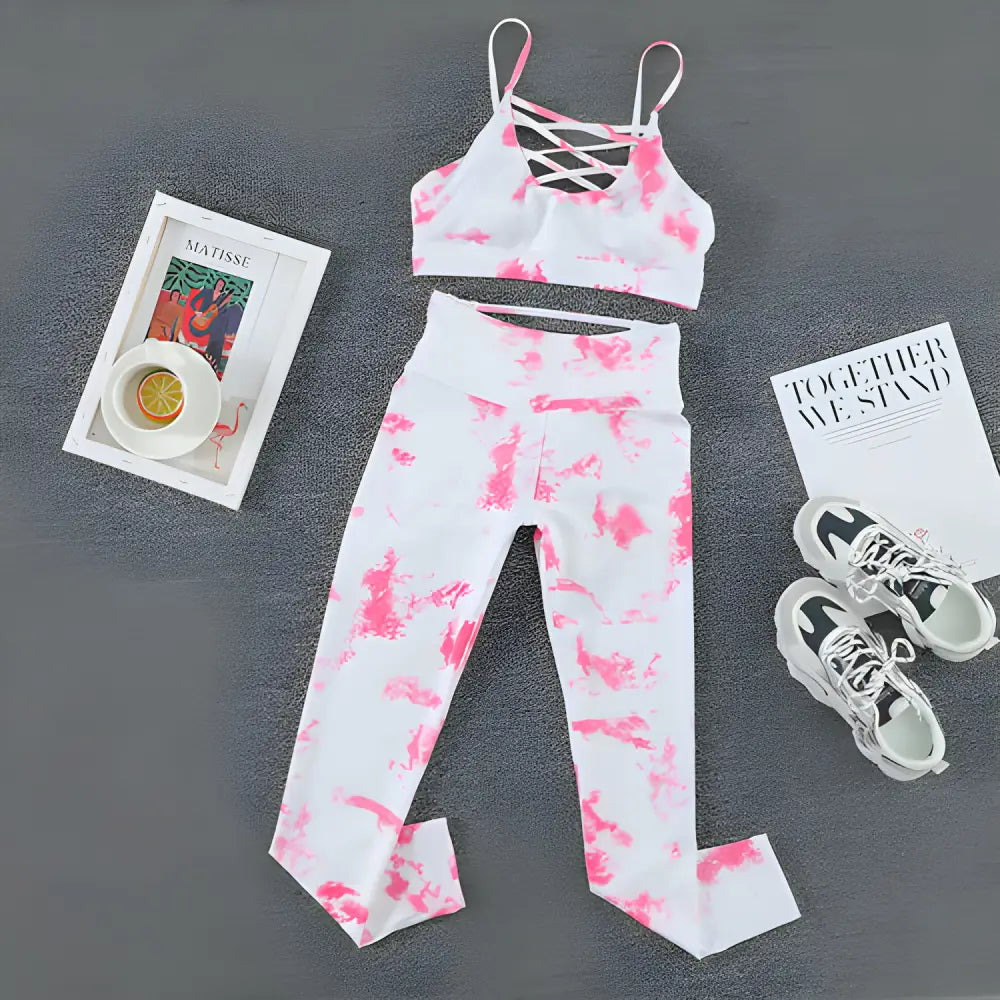 Groovy Tie Dye Yoga Clothes in pink and white, perfect for stylish workouts and yoga sessions