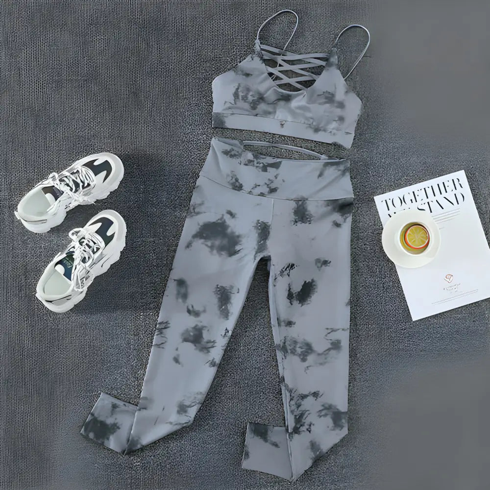 Gray tie dye workout set from Groovy Tie Dye Yoga Clothes perfect for stylish sportswear