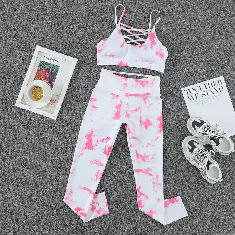 Pink and white tie dye workout set from Groovy Tie Dye Yoga Clothes for stylish workouts