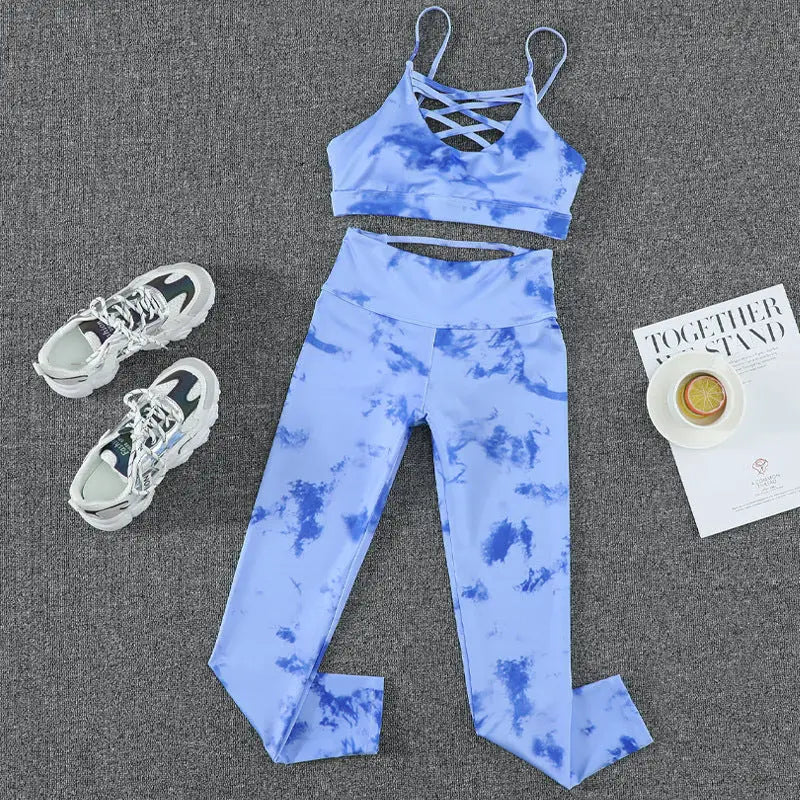 Blue tie dye workout set from Groovy Tie Dye Yoga Clothes for stylish yoga sessions