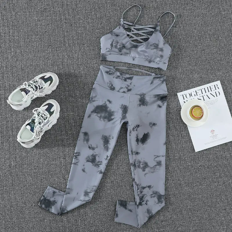 Gray tie-dye athletic set for trendy yoga clothes sports and comfy workout vibes