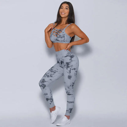 Gray tie-dye athletic set perfect for yoga clothes sports and comfy workouts