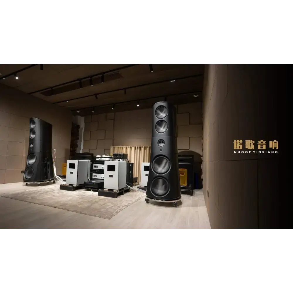 Black tower speakers next to the Denmark Gryphon Guifeng Ethos flagship CD player