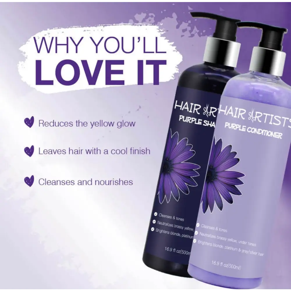 Purple shampoo and conditioner set from Hair Artists for vibrant color-treated hair