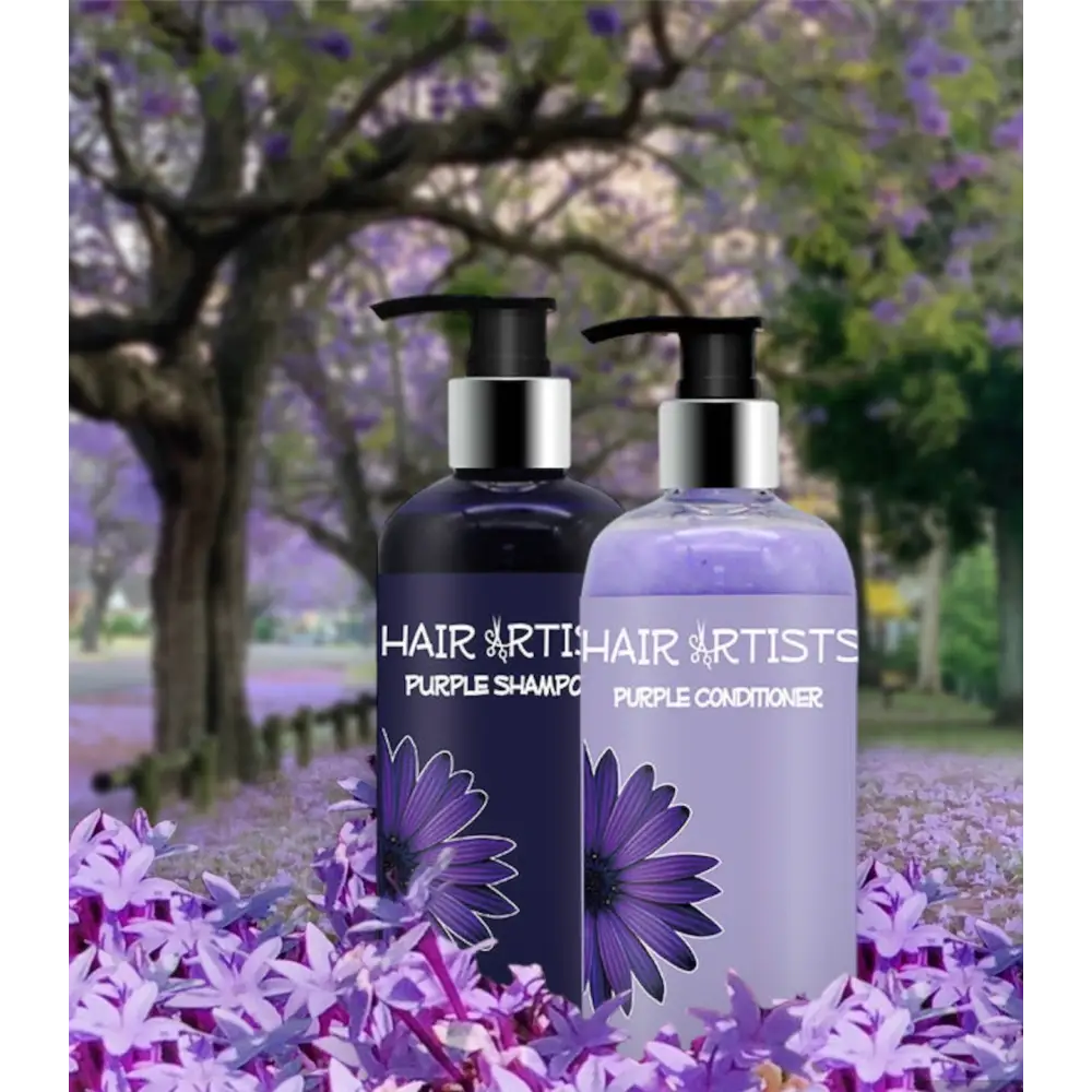 Hair Artists Purple Shampoo and Conditioner bottles for vibrant, healthy hair